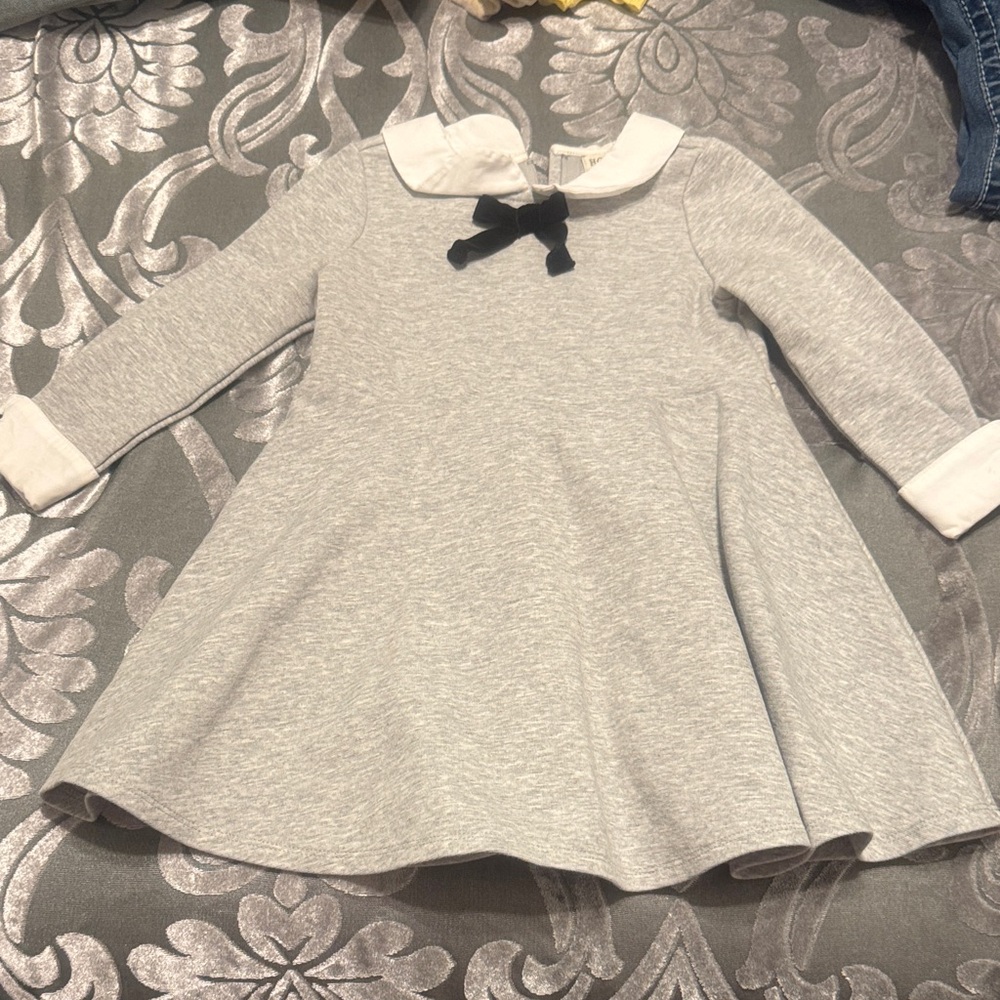 Elegant Gray Kids Dress with White Collar and Black Bow